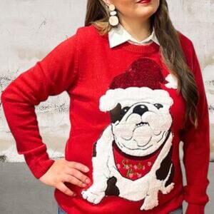 Merry Christmas by Poof Women's Red Bulldog Sweater Size Small